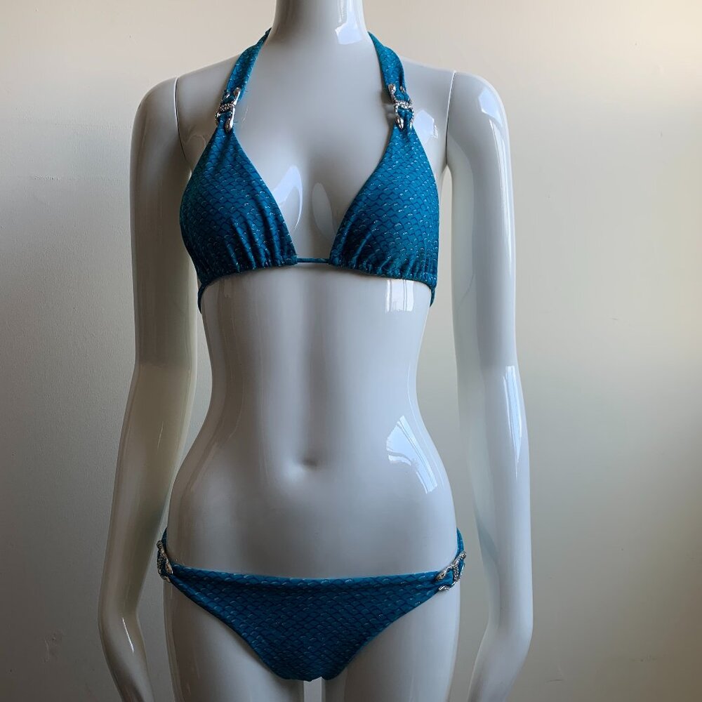 Sauvage teal & silver with crystal snake embellished luxury bikini